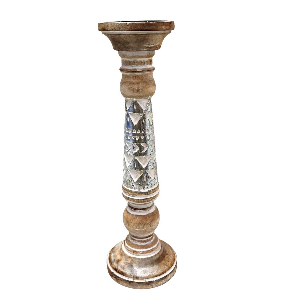 Exotic Pillar Wood Carved Candle Holder 15"‎ Silver Leaf India Morrocan Bohemian